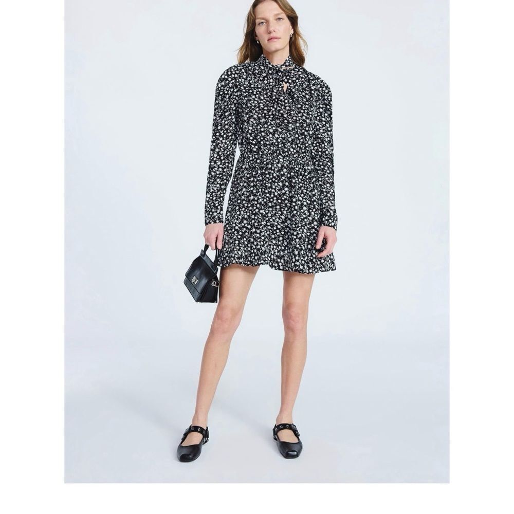 NWT Scoop Black White Floral Tie Neck Mini Dress Size L Parisian Minimalist